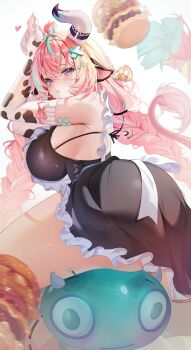 1girl absurdres ahoge animal_ears animal_print arms_up ass ass_focus bell bikini blush bow breasts burger cheese commentary cow_ears cow_girl cow_print cow_print_gloves cowbell fingerless_gloves fingernails flushed_face_emoji food from_behind from_side genshin_impact gloves hair_between_eyes hair_ornament hashtag-only_commentary highres hydro_slime_(genshin_impact) isari_sensei large_breasts lettuce long_hair looking_at_viewer looking_to_the_side pink_bow pink_hair print_bikini print_gloves purple_eyes slime_(genshin_impact) solo swimsuit tail tomato varesa_(genshin_impact) very_long_hair wet white_background x_hair_ornament