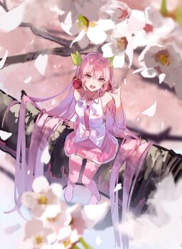 1girl absurdres alternate_hairstyle blush branch breasts cherry_hair_ornament collared_shirt detached_sleeves floral_print flower food-themed_hair_ornament hair_between_eyes hair_ornament hashtag-only_commentary hatsune_miku headset highres holding holding_flower livetm_08 long_hair long_sleeves looking_at_viewer looking_up medium_breasts miku_day necktie official_alternate_costume open_mouth pink_eyes pink_flower pink_hair pink_necktie pink_skirt sakura_miku shirt sitting sitting_on_branch skirt sleeveless sleeveless_shirt spring_(season) straight_hair very_long_hair vocaloid white_trim wide_sleeves