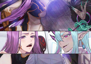 1boy 2girls akinaie aqua_hair black_skirt bracelet breast_press breasts colored_skin commentary_request dress earrings fate/grand_order fate_(series) fujimaru_ritsuka_(male) gorgon_(fate) grey_skin highres horns ibuki_douji_(fate) ibuki_douji_(second_ascension)_(fate) jewelry large_breasts long_hair long_sleeves magatama medusa_(fate) multiple_girls open_mouth pelvic_curtain purple_eyes purple_hair rider shirt sidelocks skirt smile tall_female white_shirt