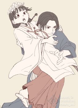 1boy 1girl anal_beads arm_around_back arm_around_shoulder blunt_bangs chara_no7 closed_mouth commentary_request contemporary grey_background highres japanese_clothes jinshi_(kusuriya_no_hitorigoto) kusuriya_no_hitorigoto light_smile long_hair maomao_(kusuriya_no_hitorigoto) miko open_mouth parted_bangs red_skirt sandals sex_toy shirt sketch skirt twitter_username white_shirt wide-eyed