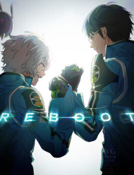 Rule 34 | 1other, 2boys, black gloves, black hair, commentary request, english text, from behind, fuji (piro), glasses, glitch, gloves, green eyes, green jacket, highres, jacket, kuga yuuma, male focus, mikumo osamu, mikumo squad's uniform, multiple boys, open mouth, red eyes, replica (world trigger), robot, short hair, simple background, smile, teeth, upper teeth only, white background, white hair, world trigger