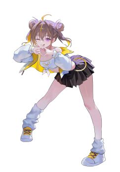 1girl absurdres ahoge black_skirt blonde_hair brown_hair collarbone crop_top double_bun full_body hair_between_eyes hair_bun highres indie_virtual_youtuber jacket leaning_forward legs looking_at_viewer miniskirt multicolored_jacket multicolored_shoes nbee_ya one_eye_closed open_clothes open_jacket purple_eyes shoes short_hair sidelocks simple_background single_bare_shoulder skirt socks solo standing thighs tongue tongue_out two-tone_jacket two-tone_shoes virtual_youtuber white_background white_jacket white_shoes white_socks yellow_jacket yellow_shoes