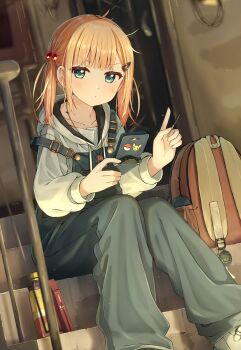 1girl backpack bag blonde_hair blurry blurry_background blush bottle cellphone closed_mouth collarbone commentary_request depth_of_field door drawstring enuni feet_out_of_frame flip_phone green_eyes hair_bobbles hair_ornament hairclip highres holding holding_phone hood hood_down hoodie hoshino_sora_(enuni) looking_at_viewer original overalls phone railing revision shoes sitting sitting_on_stairs solo stairs stone_stairs twintails v-shaped_eyebrows white_hoodie white_shoes