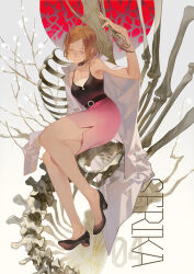Rule 34 | 1girl, arm up, bare legs, bare tree, belt, black belt, black choker, black footwear, black shirt, breasts, brown hair, camisole, character request, choker, closed eyes, closed mouth, coat, coat partially removed, commentary request, cross, cross choker, full body, gradient background, high heels, holding hands, itou serika, lab coat, lips, long sleeves, miniskirt, o-ring, o-ring belt, pencil skirt, photoshop (medium), pink skirt, rei (sanbonzakura), shirt, short hair, single bare arm, single sleeve, sitting, skeletal hand, skirt, sleeveless, sleeveless shirt, sleeves past fingers, sleeves past wrists, smile, solo, spaghetti strap, tree, uchuu kyoudai, white background, white camisole, white coat, white sleeves