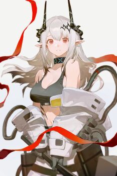 1girl arknights bare_shoulders black_gloves black_horns black_sports_bra breasts cleavage collarbone cowboy_shot crop_top domma1124 ear_piercing floating_hair gloves grey_background grey_hair hashtag-only_commentary highres holding horns infection_monitor_(arknights) long_hair long_sleeves looking_at_viewer material_growth medium_breasts mudrock_(arknights) mudrock_(elite_ii)_(arknights) navel off_shoulder oripathy_lesion_(arknights) parted_lips piercing pointy_ears red_eyes red_ribbon ribbon sidelocks sleeveless solo sports_bra standing