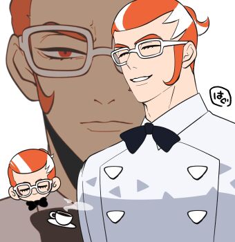 1boy absurdres black_bow bow bowtie closed_mouth coffee_mug collared_shirt commentary_request cup eyelashes glasses grisham_(pokemon) hag_imglog highres lips male_focus mug multicolored_hair multiple_views nintendo plate pokemon pokemon_legends:_z-a ponytail red_eyes red_hair shirt short_ponytail sideburns simple_background smile steam streaked_hair teeth white-framed_eyewear white_background white_hair white_shirt