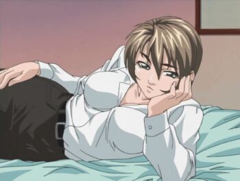 00s 2002 animated animated_gif annoyed bed bed_sheet belt bible_black bible_black_gaiden breasts collar green_eyes hand_on_own_face hand_on_own_hip lowres miniskirt pantyhose shido_saki shirt short_hair skirt tagme white_shirt