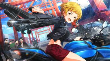 1girl 6+boys artist_request black_hair black_jacket black_necktie black_shirt blonde_hair blue_sky blunt_bangs breasts briefcase brown_eyes building car cloud collared_shirt day formal_clothes fukuda_noriko gangsta_hold grey_jacket grey_shirt gun highres holding holding_briefcase holding_gun holding_weapon idolmaster idolmaster_million_live! idolmaster_million_live!_theater_days jacket leather leather_jacket lens_flare long_sleeves midriff motor_vehicle motorcycle multiple_boys necktie official_art on_motorcycle open_mouth outdoors outside_border pink_shirt red_shorts ship shipping_container shirt short_hair shorts sky smile solo_focus standing suit sunglasses sweatdrop third-party_source very_short_hair watercraft weapon