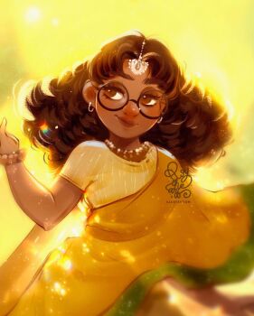 1girl alternate_costume animification brown_eyes brown_hair dark-skinned_female dark_skin disney earrings glasses highres jewelry long_hair overalls pixar priya_(turning_red) roytheart shirt smile solo tagme turning_red