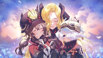 1boy 2girls ^_^ black_gloves black_hat black_horns blonde_hair blue_flower blush brown_hair camilla_(duet_night_abyss) closed_eyes closed_mouth commentary_request duet_night_abyss fingerless_gloves flower frown gloves goggles goggles_on_headwear grey_eyes grin hair_over_one_eye hat highres horns ice_s_s_z korean_commentary margie_(duet_night_abyss) multiple_girls red_lips smile sparkle teeth twintails white_hat yale_(duet_night_abyss)