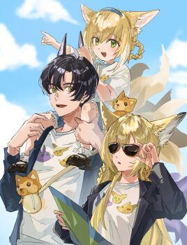 1boy 2girls adjusting_eyewear alternate_costume animal_bag animal_ears arknights bag black_jacket black_shoes blonde_hair blue_hairband blue_jacket blue_shorts blue_sky bobby_socks braid braided_hair_rings carrying chinese_commentary colored_tips commentary_request family father_and_daughter fox_ears fox_girl fox_tail frilled_shorts frills grabbing_another&#039;s_ear green_eyes hair_rings hairband hand_on_another&#039;s_ear highres husband_and_wife jacket kitsune kyuubi mother_and_daughter multicolored_hair multiple_girls multiple_tails open_clothes open_jacket open_mouth pink_hair purple_hair rubun0227 shirt shoes short_shorts short_sleeves shorts shoulder_bag shoulder_carry side_braid sky socks streaked_hair sunglasses suzuran&#039;s_father_(arknights) suzuran_(arknights) tail teeth twin_braids two-tone_hair upper_teeth_only vulpisfoglia_(arknights) white_hair white_shirt white_socks