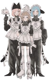 androgynous apron bandaged_tail blue_hair bob_cut brown_hair commentary_request facial_mark freckles frilled_apron frills full_body highres knife maid maid_headdress odyk_eee original pants pink_eyes roller_skates shorts simple_background skates track_pants whisker_markings white_background yellow_eyes