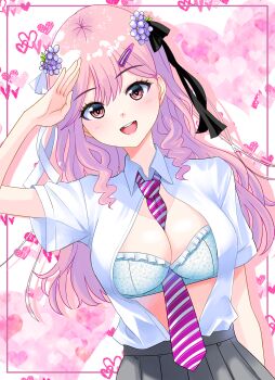 1girl :d absurdres arm_at_side between_breasts black_ribbon border bra breasts collared_shirt commentary_request diagonal-striped_clothes diagonal-striped_necktie double-parted_bangs flower frilled_bra frills grey_skirt hair_flower hair_ornament hair_ribbon hairclip hand_up heart heart_background highres large_breasts long_hair looking_at_viewer necktie necktie_between_breasts open_clothes open_mouth open_shirt original outside_border pink_border pink_eyes pink_hair pink_necktie print_bra purple_flower ribbon riochan school_uniform shirt shirt_tucked_in short_sleeves skirt smile solo striped_clothes underwear upper_body white_background white_bra white_shirt wing_collar