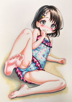 1girl absurdres bare_arms bare_legs bare_shoulders barefoot black_eyes black_hair blue_one-piece_swimsuit blue_ribbon blush bob_cut cameltoe casual_one-piece_swimsuit clenched_hands closed_mouth commentary crotch_focus dot_nose feet flat_chest frilled_one-piece_swimsuit frills full_body groin_tendon hair_ornament hairclip hand_on_own_chin highres idolmaster idolmaster_cinderella_girls leg_up loli looking_at_viewer lying marker_(medium) nose_blush on_side one-piece_swimsuit polka_dot polka_dot_one-piece_swimsuit rabbit_hair_ornament ribbon ribbon-trimmed_swimsuit ribbon_trim sasaki_chie short_hair smile soles solmyr2000 solo split_mouth spread_legs star_(symbol) star_hair_ornament swimsuit tareme toes traditional_media trefoil