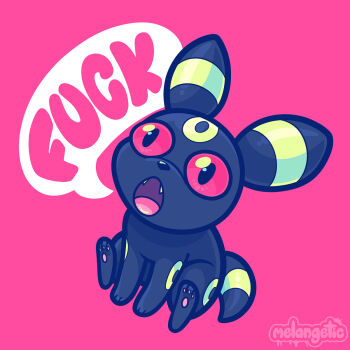 Rule 34 | :o, artist logo, black eyes, black fur, blue pupils, colored sclera, commentary, english commentary, english text, fangs, gen 2 pokemon, highres, logo, melangetic, nintendo, no humans, open mouth, pink background, pokemon, pokemon (creature), pokemon focus, profanity, red sclera, simple background, sitting, speech bubble, umbreon, watermark