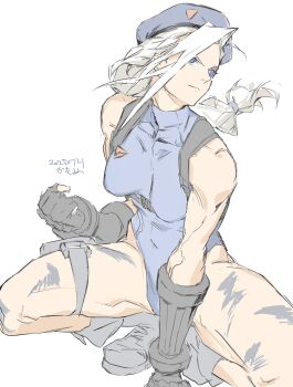 1girl amatuki beret blue_hat blue_leotard boots braid braided_ponytail breasts cammy_white cammy_white_(cosplay) capcom cosplay covered_navel fingerless_gloves gloves grey_boots grey_gloves hat highres leotard luo_xiaohei_zhanji luye_(the_legend_of_luoxiaohei) simple_background sleeveless small_breasts solo street_fighter white_background white_hair