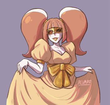 Rule 34 | 1girl, alumaarii, breasts, cthulhu mythos, dress, estir, highres, long hair, looking at viewer, mask, pink hair, solo, sucker for love, sucker for love: first date, yellow dress