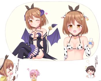 animal_ear_hairband animal_ears animal_print atelier_(series) atelier_ryza atelier_ryza_1 bell beret bikini bottle breasts brown_eyes brown_hair cassis_(orleans13x) commentary_request cow_ear_hairband cow_ears cow_horns cow_print cow_print_bikini demon_girl demon_horns demon_tail demon_wings fake_animal_ears hairband hat horns jacket jewelry key key_necklace long_hair looking_at_viewer milk_bottle neck_bell necklace pointy_ears print_bikini reisalin_stout simple_background swimsuit tail thighs white_hat wings yellow_jacket