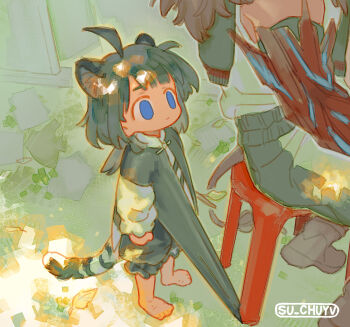 1boy 1girl absurdres ahoge animal_ears arknights arknights:_endfield arms_at_sides barefoot black_hair black_shorts black_vest blue_eyes commentary empty_eyes frown highres holding holding_stick leopard_ears leopard_girl looking_at_another on_stool outdoors plastic_stool ruan_yi_(arknights) shirt short_hair shorts sitting snow_leopard_tail standing stick stool su_xiao_jei tail tangtang_(arknights) unamused untranslatable_commentary vest watermark white_shirt