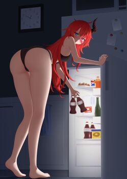 1girl absurdres amity_(azur_lane) ass azur_lane barefoot black_bra black_panties blue_eyes blush bottle bra breasts clock closed_mouth commentary dark drink_carton egg english_commentary eyes_visible_through_hair food hair_between_eyes heterochromia highres holding holding_bottle holding_food horns large_breasts long_hair looking_at_viewer milk_carton nights_viper opening_door panties pink_eyes red_hair refrigerator single_horn soda_bottle solo standing underwear variant_set very_long_hair