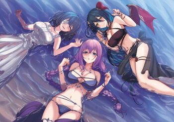 Rule 34 | 3girls, bikini, black bikini, black hair, black nails, black sarong, blue eyes, blush, bracelet, braid, breasts, demon horns, demon wings, dress, eris (princess connect!), eris (summer) (princess connect!), eyepatch, flower bracelet, hair between eyes, halterneck, highres, horns, jewelry, large breasts, long bangs, long hair, looking at viewer, low twin braids, lying, medium hair, misora (princess connect!), mononoke (pixiv53597254), multiple girls, nail polish, navel, on back, on side, parted lips, partially submerged, princess connect!, purple hair, ranpha (princess connect!), ranpha (summer) (princess connect!), red horns, red wings, sarong, see-through clothes, see-through sarong, silver bracelet, single horn, single wing, smile, sundress, swimsuit, teardrop necklace, twin braids, wet, wet clothes, white dress, wings