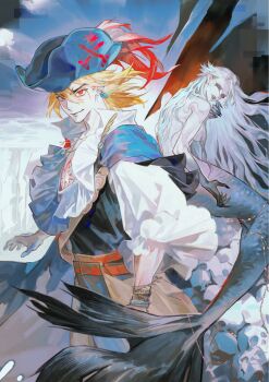 2boys ascot belt blonde_hair blue_eyes cape colored_skin commentary_request dr._stone earrings ef_xiao fingernails fins hair_between_eyes hat hat_feather head_fins highres jewelry long_hair looking_at_viewer male_focus medium_hair merman monster_boy monsterification multicolored_skin multiple_boys nanami_ryuusui nude open_mouth pirate_costume pirate_hat pointy_ears red_belt red_eyes scales sharp_fingernails shirt skull smile stanley_snyder_(dr.stone) tail white_ascot white_hair white_shirt