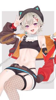 1girl :d absurdres animal_hat arm_tattoo belt black_hat black_shorts blush border brown_belt cat_hat crop_top detached_sleeves double-parted_bangs earrings facial_mark fangs fishnet_thighhighs fishnets flat_chest garter_straps grey_hair hair_between_eyes hair_ornament hairclip hat highres jacket jacket_partially_removed jewelry komori_met komori_met_(5th_costume) looking_at_viewer midriff navel open_clothes open_fly open_mouth orange_background panty_straps purple_eyes quilted_jacket shorts simple_background single_detached_sleeve single_earring single_strap single_thighhigh smile solo tattoo teeth thighhighs tojo_aoi two-sided_fabric two-sided_jacket upper_teeth_only virtual_youtuber vspo! white_border
