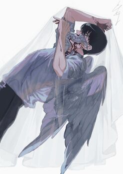 Rule 34 | 1boy, absurdres, belt, black hair, bleeding, blood, blood from mouth, blood on face, blood on hands, commentary, covered mouth, feathered wings, from side, gost 56, green eyes, hand up, highres, looking at viewer, male focus, original, shirt, shirt tucked in, short hair, sleeves rolled up, solo, symbol-only commentary, toned, toned male, veil, white shirt, white wings, wings