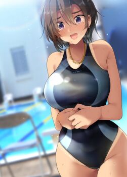 1girl bare_shoulders blurry blurry_background breasts brown_hair cleavage commentary_request competition_swimsuit cowboy_shot crying crying_with_eyes_open earrings hair_between_eyes highres jewelry large_breasts mole mole_under_mouth necklace one-piece_swimsuit one-piece_tan open_mouth original own_hands_together pool purple_eyes ryouma_(galley) short_hair solo standing swimsuit tan tanline tears