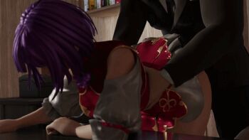 1boy 1girl 3d animated animated_gif asamiya_athena ass bent_over bouncing_ass bouncing_breasts breasts clothed_sex clothes_lift deep_penetration doggystyle dress erection female_focus from_behind grabbing_from_behind greatojama hetero huge_ass implied_sex jiggle large_breasts pale_skin purple_hair sex sex_from_behind short_hair skirt skirt_lift standing standing_sex table the_king_of_fighters thick_thighs thighs wide_hips