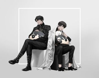 2boys biyoo_(omniscient_reader&#039;s_viewpoint) black_coat black_eyes black_hair black_shirt blackbox_(blackbox9158) boots box character_doll coat crossed_legs doll full_body jacket jacket_on_shoulders kim_dokja looking_at_viewer male_focus multiple_boys omniscient_reader&#039;s_viewpoint open_clothes open_coat popped_collar shirt short_hair sitting white_coat white_shirt yoo_joonghyuk