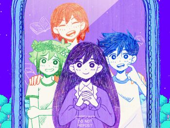 1girl 3boys alternate_costume alternate_hair_color alternate_universe animated animated_gif basil_(headspace)_(omori) basil_(omori) blue_hair blue_shirt blush bright_pupils closed_eyes closed_mouth colored_skin flower green_hair green_shirt hand_on_another&#039;s_shoulder head_wreath hero_(headspace)_(omori) hero_(omori) kel_(headspace)_(omori) kel_(omori) long_hair looking_at_mirror looking_at_viewer mari_(headspace)_(omori) mari_(omori) mirror multiple_boys omori open_mouth orange_hair purple_hair shirt short_hair short_sleeves t-shirt teeth upper_teeth_only white_pupils white_skin zipsunz