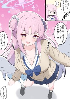 1boy 1girl :d absurdres black_shoes blue_archive blue_bow blue_bowtie blue_hair blue_skirt blush bow bowtie breasts brown_cardigan cardigan cleavage color_connection commentary_request cosplay doodle_sensei_(blue_archive) double_bun gradient_hair gyaru gyaru_slowpoke_(shin_no_tenpii) gyaru_slowpoke_(shin_no_tenpii)_(cosplay) hair_bun hair_color_connection highres kakapomilk large_breasts long_hair long_sidelocks looking_at_viewer loose_bowtie low_wings mika_(blue_archive) miniskirt multicolored_hair nintendo open_mouth pink_hair pleated_skirt pokemon sensei_(blue_archive) shoes sidelocks skirt smile socks translated very_long_hair white_socks white_wings wings yellow_eyes