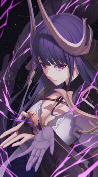 Rule 34 | 1girl, android, armor, blunt bangs, breasts, bridal gauntlets, cleavage, close-up, closed mouth, commentary, commission, electricity, fake horns, floating, genshin impact, gnosis (genshin impact), headpiece, highres, horns, japanese armor, joints, large breasts, long hair, looking at viewer, looking to the side, mechanical arms, neck ribbon, official alternate costume, powering up, purple eyes, purple hair, raiden shogun, raiden shogun (magatsu mitake narukami no mikoto), red ribbon, ribbon, robot, robot joints, shade, shoulder armor, solo, upper body, y2e pa