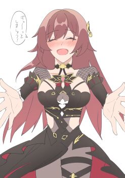 1girl 332e_e black_dress black_pantyhose blush breasts brown_hair clothing_cutout commentary_request dress earrings eden_(honkai_impact) highres honkai_(series) honkai_impact_3rd jewelry large_breasts long_hair open_mouth pantyhose side_cutout solo speech_bubble translation_request very_long_hair