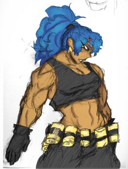 1girl blue_eyes blue_hair br1ck_br41n breasts female_focus gloves leona_heidern long_hair medium_breasts military ponytail tan tank_top the_king_of_fighters