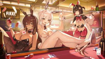 3girls absurdres alcohol animal_ear_hairband animal_ear_headwear animal_ears bare_shoulders between_breasts black_bow black_bowtie black_hair black_leotard black_necktie black_shrug blanc_(nikke) blush bow bowtie breasts brown_hair card card_between_breasts cleavage closed_mouth colored_inner_hair cup dark-skinned_female dark_skin detached_collar drinking_glass fake_animal_ears fang fishnet_pantyhose fishnets goddess_of_victory:_nikke hair_ornament hairband heart_pasties high-waist_pantyhose high_heels highres hiphighs holding large_breasts latex latex_shrug leggings leotard long_hair medium_breasts mismatched_pasties multicolored_hair multiple_girls navel necktie noir_(nikke) open_mouth pantyhose pasties pekoku_(tamago_sushi) playboy_bunny poker_chip poker_table rabbit_ear_hairband rabbit_ears red_bow red_hair red_hiphighs red_leggings reverse_bunnysuit reverse_outfit rouge_(nikke) rouge_(unlucky_rabbit)_(nikke) see-through_clothes see-through_pantyhose short_hair shrug_(clothing) siblings sisters skin_fang smile spade_pasties strapless strapless_leotard table television very_long_hair white_hair white_leotard white_wrist_cuffs wine wine_glass wrist_cuffs yellow_eyes