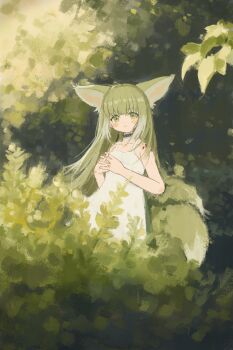 1girl absurdres alternate_costume animal_ears arknights chinese_commentary commentary_request dress fox_ears fox_girl fox_tail green_eyes gumiaoandpeace highres infection_monitor_(arknights) kitsune kyuubi long_hair looking_at_viewer material_growth multiple_tails oripathy_lesion_(arknights) outdoors sleeveless sleeveless_dress solo suzuran_(arknights) tail white_dress