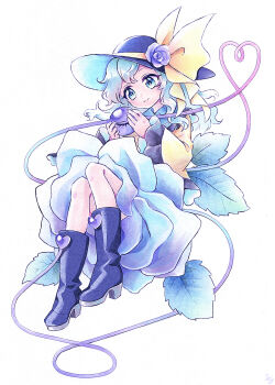 Rule 34 | 1girl, alternate costume, black hat, blue skirt, boots, commentary request, eyeball, flower, flower ornament, flower skirt, frilled shirt collar, frilled sleeves, frills, green eyes, green hair, hat, hat flower, hat ribbon, heart, heart of string, high heel boots, high heels, highres, holding, holding eyeball, komeiji koishi, leaf, miy 001, purple boots, purple flower, purple rose, ribbon, rose, shirt, skirt, solo, third eye, touhou, white background, yellow ribbon, yellow shirt