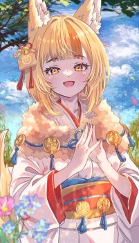 1girl :d animal_ear_fluff animal_ears blonde_hair blue_sky blush breasts brown_hair ema fang fire_emblem fire_emblem_fates fire_emblem_heroes flower fox_ears fox_girl fox_tail fur-trimmed_kimono fur_trim fuussu_(21-kazin) hair_ornament japanese_clothes kimono long_sleeves multicolored_hair nintendo obi official_alternate_costume open_mouth outdoors sash selkie_(fire_emblem) selkie_(new_year)_(fire_emblem) short_hair sky small_breasts smile solo steepled_fingers streaked_hair tail two-tone_hair white_kimono yellow_eyes