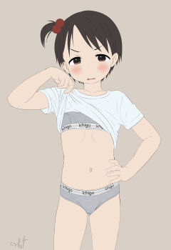 1girl blush bra brown_eyes brown_hair calvin_klein clothes_lift embarrassed flatculture hand_on_own_hip ichigo_mashimaro itou_chika lifting_own_clothes loli looking_at_viewer navel panties shirt shirt_lift short_hair standing training_bra underwear