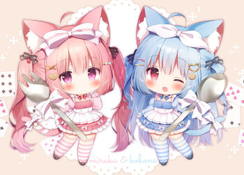 2girls ahoge animal_ear_fluff animal_ears apron back_bow black_bow black_shoes blue_dress blush bow bowtie card cat_ears cat_girl cat_tail character_name chibi chibi_only closed_mouth commentary_request cookie_hair_ornament dress dress_bow expressionless fang food-themed_hair_ornament fork frilled_dress frills hair_bow hair_ornament hairclip heart heart_hair_ornament highres holding holding_fork key kobone_(momozu_komamochi) long_hair long_sleeves maid mary_janes miruku_(momozu_komamochi) momozu_komamochi multiple_girls one_eye_closed open_mouth original oversized_fork oversized_spoon pink_dress pink_hair pink_thighhighs playing_card pleated_apron pocket_watch red_bow red_bowtie shoes smile strawberry_hair_ornament striped_clothes striped_thighhighs tail tail_bow tail_ornament thighhighs twintails two_side_up waist_apron watch white_apron white_bow x_hair_ornament