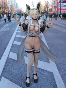 1girl 3d 6+boys blonde_hair blue_eyes breasts covered_erect_nipples exhibitionism functionally_nude gift highres incise_soul m-rs maid multiple_boys navel nipples no_pussy nude outdoors public_indecency sky thighhighs