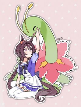 Rule 34 | 1girl, animal ears, antennae, blush, bow, bowtie, braid, breasts, brown hair, closed eyes, closed mouth, collarbone, flower, flower-shaped pupils, flower in eye, gen 2 pokemon, hair between eyes, highres, horse ears, horse girl, horse tail, long braid, long hair, meganium, nintendo, open mouth, pink eyes, pleated skirt, pokemon, pokemon (creature), puffy short sleeves, puffy sleeves, purple bow, purple bowtie, purple shirt, sailor collar, sailor shirt, sakura chitose o (umamusume), saramiao-chan, school uniform, shirt, short sleeves, skirt, smile, symbol-shaped pupils, symbol in eye, tail, thighhighs, tracen school uniform, umamusume, white sailor collar, white skirt, white thighhighs