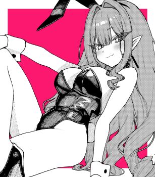 1girl animal_ears baobhan_sith_(fate) blush breasts commentary_request fake_animal_ears fate/grand_order fate_(series) greyscale_with_colored_background high_heels highres katashiro leotard looking_at_viewer playboy_bunny pointy_ears rabbit_ears solo
