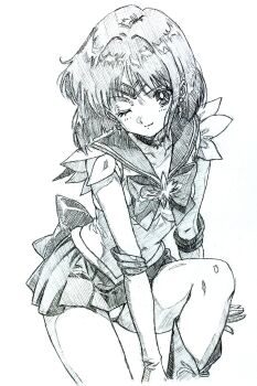 1girl absurdres bishoujo_senshi_sailor_moon boots bow bowtie brooch crystal_earrings earrings elbow_gloves gloves graphite_(medium) highres i4teruz jewelry knee_boots medium_hair one_eye_closed panties panty_peek pleated_skirt sailor_collar sailor_saturn sailor_senshi_uniform skirt smile solo star_brooch tomoe_hotaru traditional_media underwear