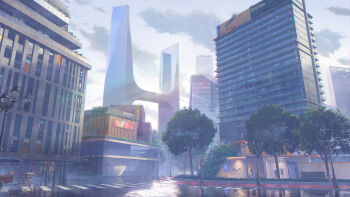 absurdres bench building city cityscape cloud cloudy_sky commentary crosswalk english_commentary highres lamppost mannequin no_humans original outdoors reflection rickshaw road scenery sky skyscraper street tree zoe_(executioner)