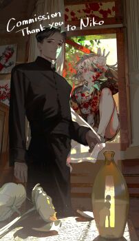 1boy 1girl absurdres barefoot black_eyes black_hair black_jacket black_pants blood blood_on_clothes blood_on_face blood_on_hands blood_splatter bottle braid breasts brown_jacket brown_shorts closed_mouth collared_shirt commission curtains english_text flower gakuran hair_ornament hairclip hand_up highres indoors jacket long_hair long_sleeves looking_at_viewer mau_sakura medium_breasts off_shoulder open_clothes open_jacket open_mouth original painting_(object) pants red_eyes school_uniform shadow shirt short_hair shorts sitting sitting_in_window skeb_commission smile standing tree vase white_flower white_hair white_shirt window