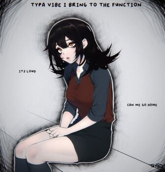 1girl black_choker black_hair black_skirt blue_shirt breasts brown_eyes choker collared_shirt commentary cowboy_shot double-parted_bangs english_commentary english_text grey_background hair_between_eyes highres looking_up medium_breasts medium_hair original own_hands_together parted_lips red_vest shirt sitting skirt sleeves_rolled_up solo teyoid vest