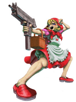 1girl absurdres b.b._hood blonde_hair bloomers blue_eyes clenched_hand commentary darkstalkers finger_on_trigger gun highres holding holding_gun holding_weapon hood hood_up nojob_hiro red_hood sharp_teeth short_hair simple_background solo submachine_gun teeth underwear weapon white_background